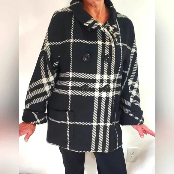 Plaid wool blend swing jacket cuff sleeve  pockets Collar Size 14 - Picture 1 of 6